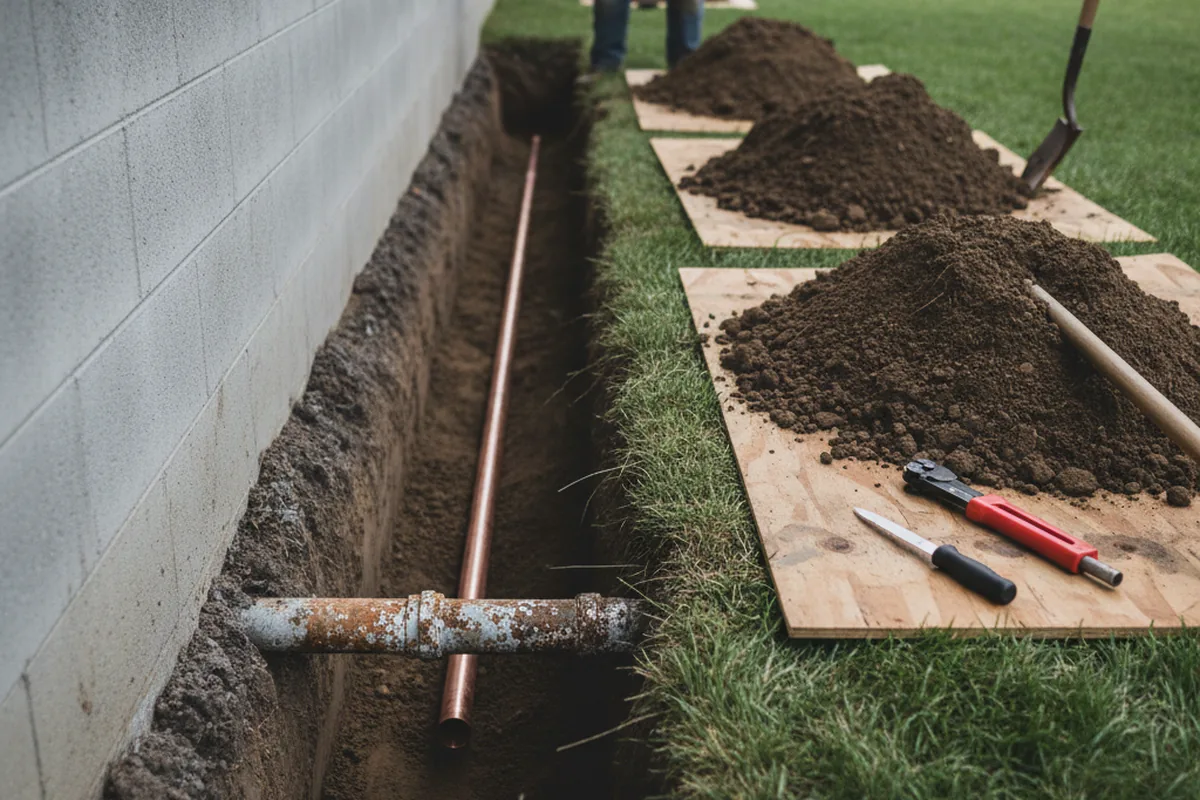 Excavated water line trench during Sewer Line Repair in North Fork